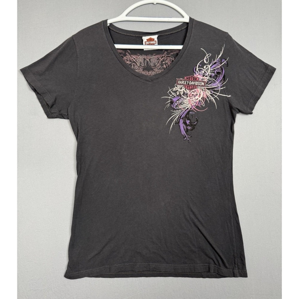 Harley Davidson Shirt Womens Medium Gray Graphic Short‎ Sleeve Tee Biker Y2K 90s